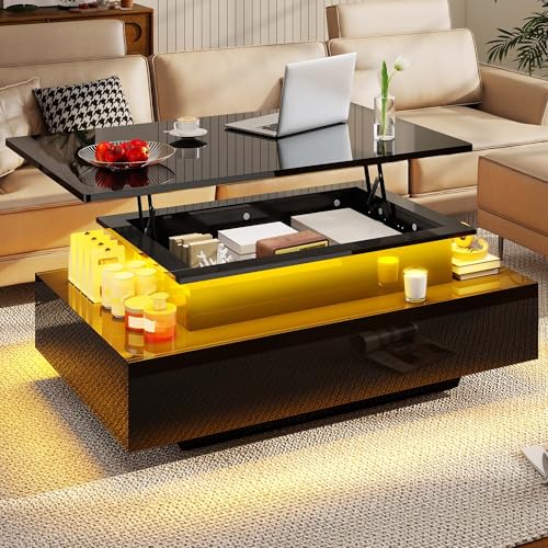 DWVO LED Lift Top Coffee Tables for Living Room, Rectangular Coffee Table with 4 Spacious Drawers, Modern Center Table wit...