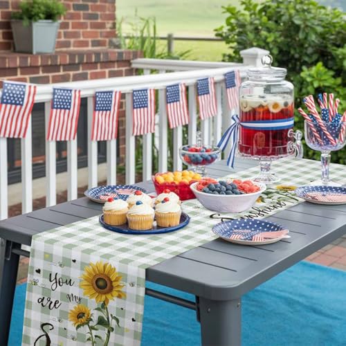 You are My Sunshine Table Runner 90 Inches Long, Vintage Yellow Sunflower Floral Bees Sage Green Plaid Table Runners Washa...