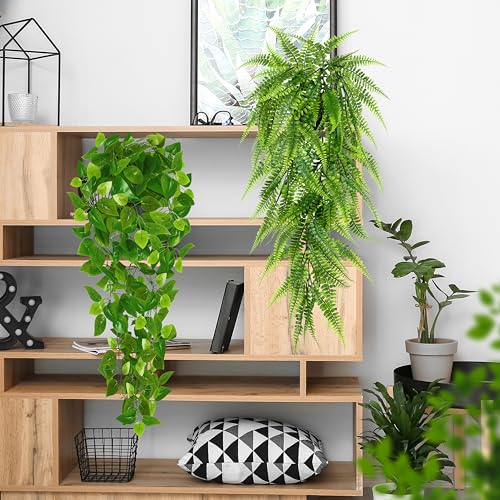 Palonu Artificial Hanging Plants for Shelf, 4 Pack Fake Potted Greenery Plant Faux Mandala Vine, String of Pearls, Ivy Vin...