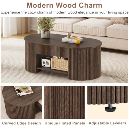 FATORRI Coffee Table with Storage, Mid Century Modern Wood Fluted Center Table with Shelf, Oval Coffee Tables with Drawer...