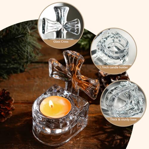 kanpura Clear Glass Cross Candle Holder 4" High Christian Tea Light Holder Cross Crystal Votive Candle Holders for Religio...