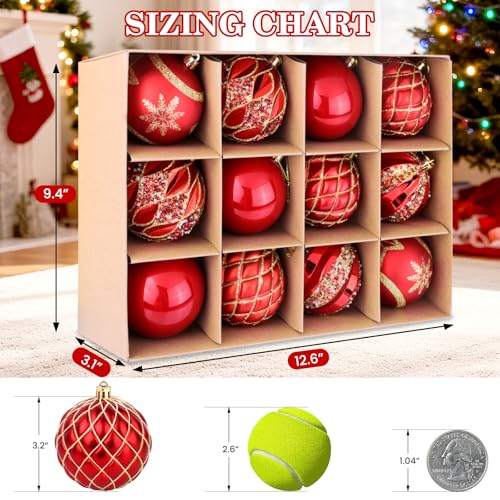 EveryMerry 12-Pack 3.1 Inch Christmas Ornaments Set - Red & Gold Ornament Balls with 5 Various Designs, Decorations with S...