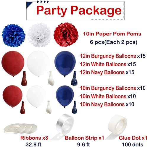 Dark Red White and Blue Balloons Garland Arch Kit with 75Pcs Navy Burgundy White Balloons 6Pcs Paper Flowers for 4th of Ju...