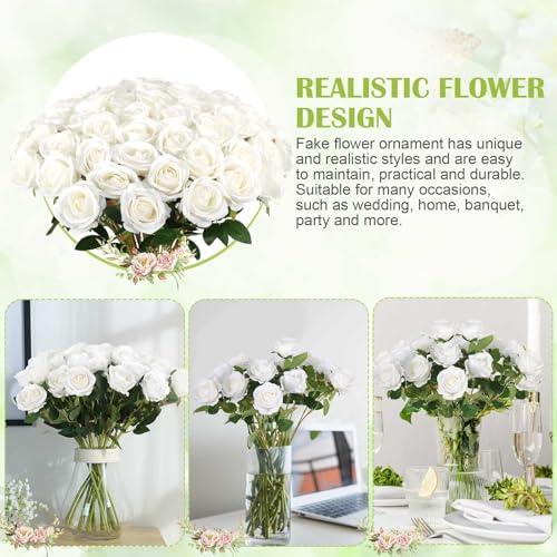 Rowfad 60 Pcs Artificial Roses Bulk Velvet Silk White Roses White Roses for Wedding Centerpieces Bridal Bouquet Mohter's D...