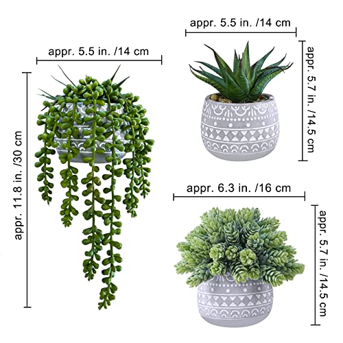 Winlyn 3 Pcs Assorted Small Potted Succulent Plants Artificial Aloe Hops String of Pearls Succulents in Gray Geometric Con...