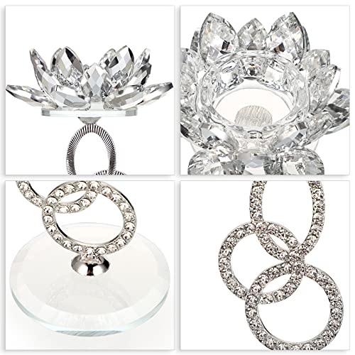 OwnMy Set of 2 Crystal Lotus Flower Candle Holders Metal Glass Lotus Pillar Candlestick Holders, Silver Crystal Lotus Teal...