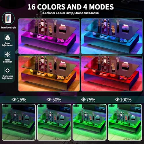 DWVO LED Coffee Table with Storage 4 Drawers, Modern High Glossy Coffee Tables for Living Room, Black Rectangle Coffee Tab...