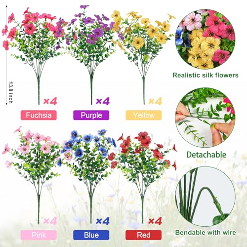 Ouddy Decor 24 Bundles Artificial Flowers for Outdoors Fake Silk Flowers UV Resistant Faux Plastic Plants for Spring Summe...