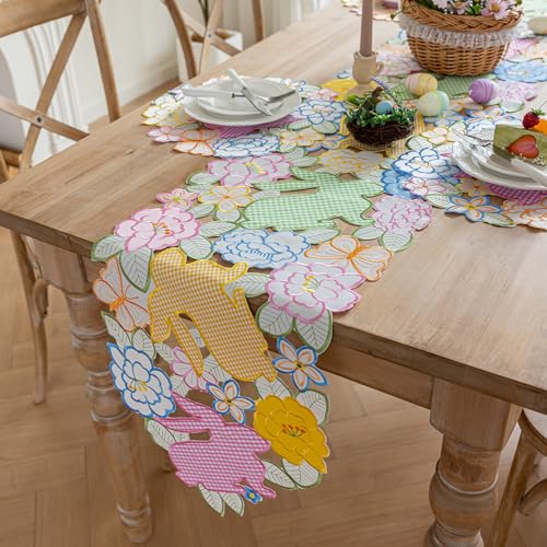 Joyfol Day Easter Checkered Bunny Table Runner, Cutwork Embroidered Plaid Rabbits Florals Table Runners, Spring Flowers Bu...