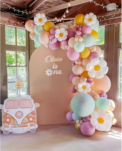 Daisy Balloon Garland Kit - 155pcs White Groovy Daisy Flower Macaron Pastel Balloons Garland for Boho Two Groovy Girls Bir...