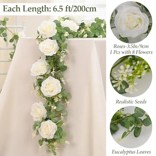 Dolicer 4Pcs 26Ft Artificial Eucalyptus Garlands with Flowers - 8 Roses, Faux Floral Greenery Garlands Fake Flowers Vines ...