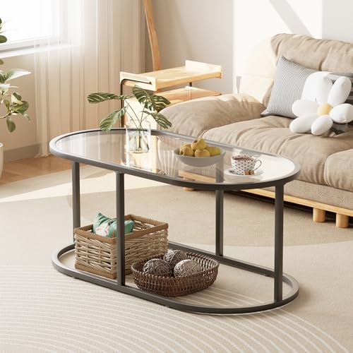 Wolawu Coffee Table Black Glass Coffee Tables for Living Room, Oval Table Center Table with Sturdy Metal Frame,Modern Temp...