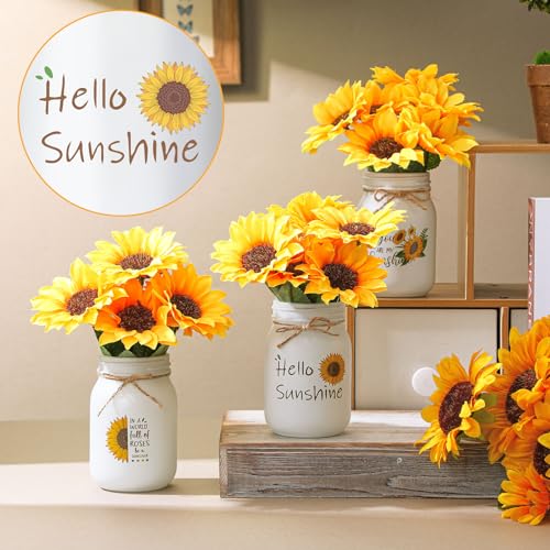 Ziliny Artificial Sunflower Decor Set of 3 Sunflower Table Centerpiece with Mason Jar Fake Flowers for Farmhouse Kitchen D...