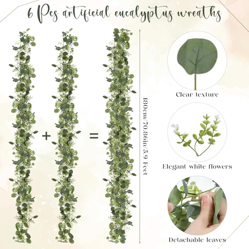 IMengjbang 6 Pack 5.9 Feet Faux Eucalyptus Garlands Bulk, Artificial Wedding Garland with White Flowers Faux Silver Dollar...