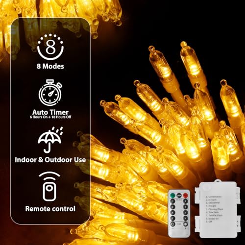 Filltown Christmas Lights Battery Operated, 33Ft 100 LED Warm White Xmas Lights with Auto Timer & 8 Modes, Shatterproof Wa...