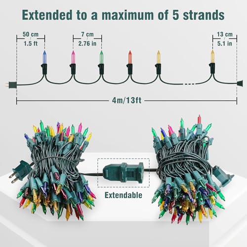 Hopolon Christmas Lights Multicolor,2PACK 13 Feet 50Count Incandescent Christmas Tree Lights with Green Wire,Connectable M...