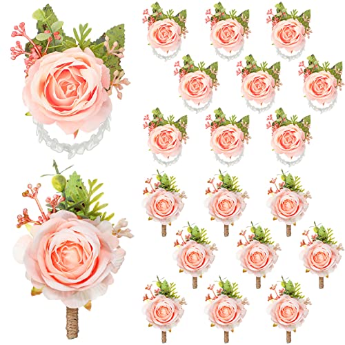 Sherr 20 Pcs Rose Wrist Corsage and Boutonniere Set Flower Wrist Corsage Wristlet Band Bracelet Bridegroom Men's Boutonnie...