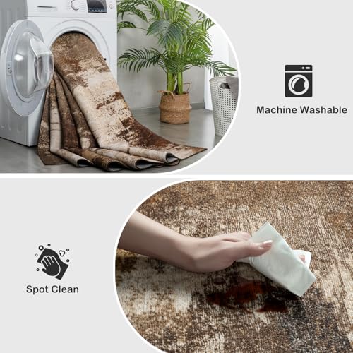 Washable Runner Rug, 2x6 Kitchen Rugs Brown Long Runner Rugs with Rubber Backing, Abstract Non-Slip Carpet Runners for Hal...