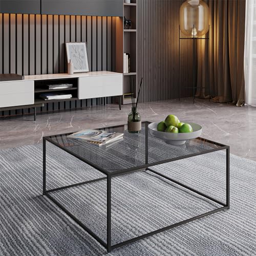 Glass Coffee Tables for Living Room Square Modern Center Table for Small Space,Tempered Glass-top with Sturdy Metal Frame ...