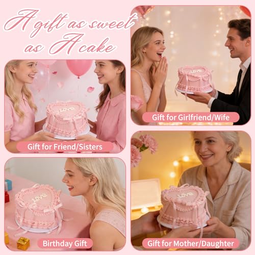 7 Inch Pink Bow Fake Cake, Heart Shaped Artificial Birthday Cake with Pearls and Love Word, Faux Bakery Display Cake Model...