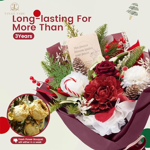 TINGE TIME Preserved Flowers Bouquet, Valentines Red Roses Faux Rose Bouquets, Artificial Flowers Poinsettia Faux Flowers,...