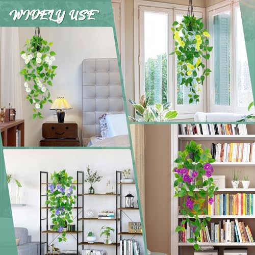 LOYWREE Artificial Hanging Flowers Plants Fake Potted Long Ivy Vine Plant Faux Pothos with Hanging Morning Glory Flowers f...