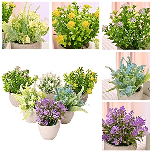 LUEUR Set of 6 Potted Artificial Flowers Arrangement, Fake Flowers with Vases Faux Flowers in Pot for Centerpiece Table De...