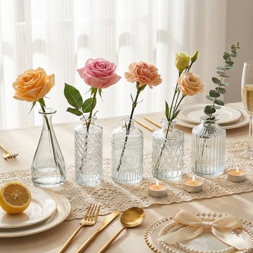 12 Pcs Clear Bud Vases Set, Small Vintage Glass Clear Bud Flower Vases Bulk Multiple Shape Cute Mini Glass Bottles Vases f...