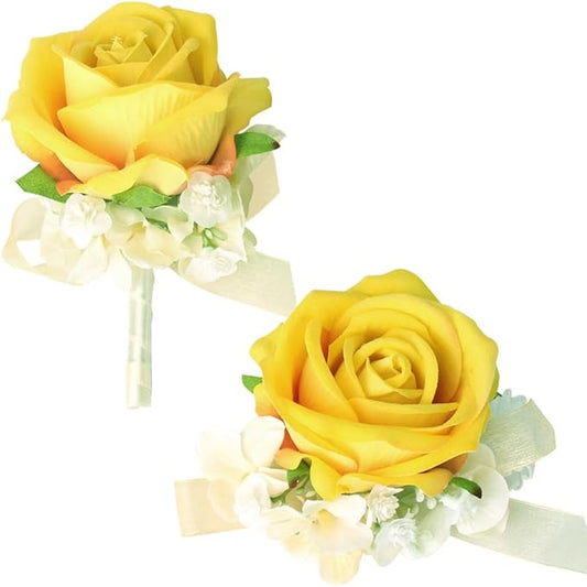 JHCYULUO Yellow Rose Corsage Wristlet and Boutonniere Set Wrist Corsage for Wedding Artificial Flowers Party Groom Decoration