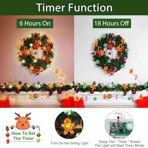 [Timer] 10 FT 30 LED Christmas String Lights Decorations Gingerbread Man Candy Cane Candy Fairy Lights Battery Operated Ch...