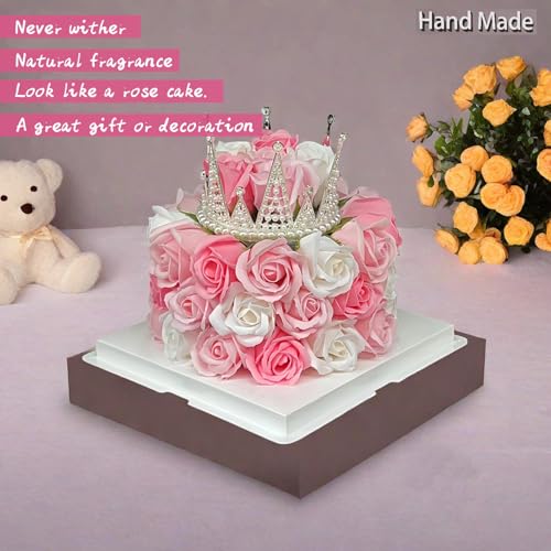 EIGHTOWN Forever Cake with Pink Preserved Flowers - Bouquet Preserved Roses for Women - Birthday Gift for Her with Crown (...