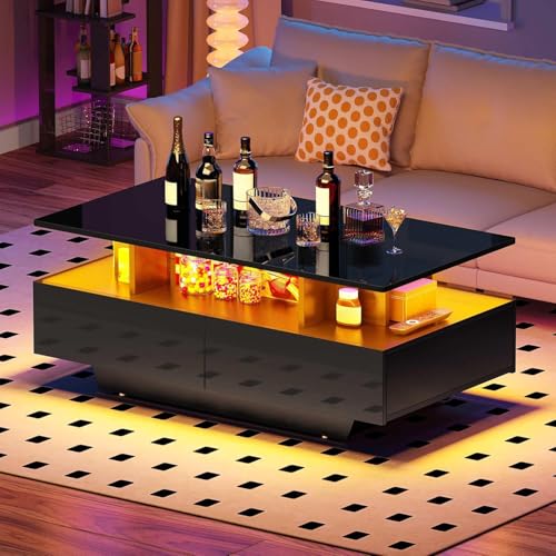 DWVO LED Coffee Table with Storage 4 Drawers, Modern High Glossy Coffee Tables for Living Room, Black Rectangle Coffee Tab...