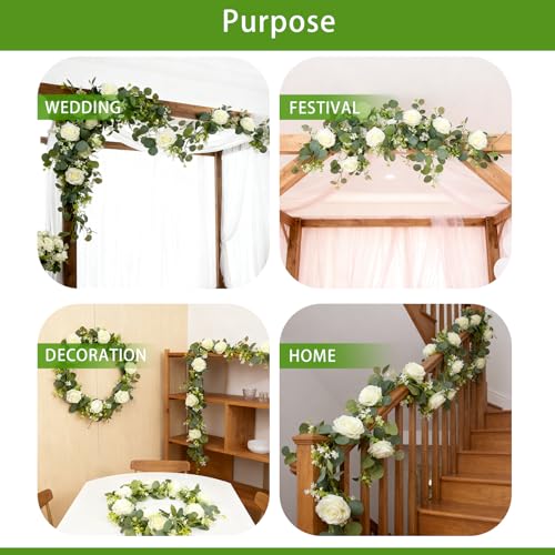 Solivya 2 Pack 5.9 FT Artificial Flower Garland with Lights, Fake Floral Garland with 12 White Roses, White Flower Decorat...