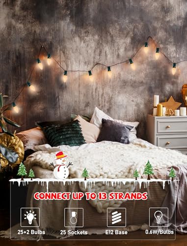 Romasaty C7 LED Christmas Lights, 25Ft Vintage C7 Christmas Lights with 27 LED Clear Bulbs, Hanging Connectable String Lig...