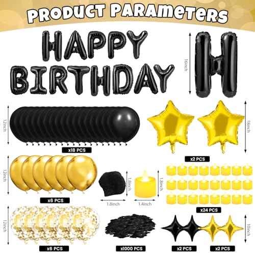 Black Gold Happy Birthday Balloons Decorations Black and Gold Birthday Balloon Letters Banner with 6 Pcs Star Balloons Bla...
