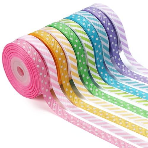 LaRibbons 3/8 Inch 100 Yards Grosgrain Ribbon Set 10 Yd/Roll 10 Rolls Striped and Polka Dot Spring Easter Craft Ribbon for...