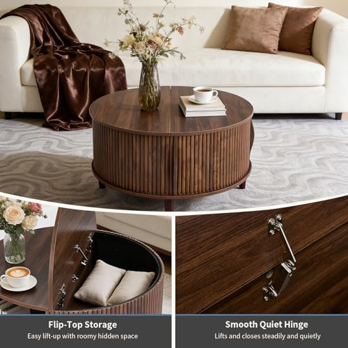 DUMOS Coffee Table, Round Coffee Tables with Storage, Fluted Center Table for Living Room, 31.69" Mid Century Modern Table...