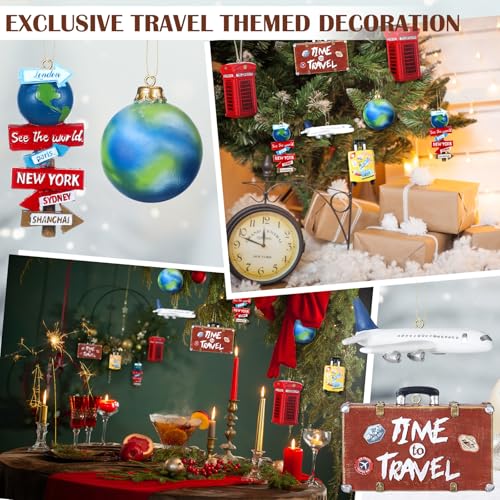 Vercraft 6 Pcs 3D Travel Christmas Tree Ornaments, Resin Globe Planet Airplane Suitcase World Sign Telephone Booth Handcra...