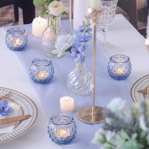 Generic DARJEN 12Pcs Blue Votive Candle Holders - Round Glass Candle Holders Bulk for Tea Light Candle, Diamond Texture Ca...