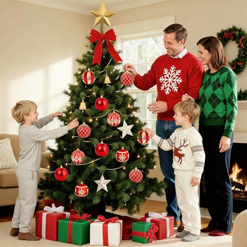 EveryMerry 12-Pack 3.1 Inch Christmas Ornaments Set - Red & Gold Ornament Balls with 5 Various Designs, Decorations with S...