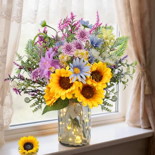 Sunflower Fake Flowers in Vase, Wildflowers Artificial Flowers with Vase for Table Centerpieces Decor, Silk Flower Bouquet...