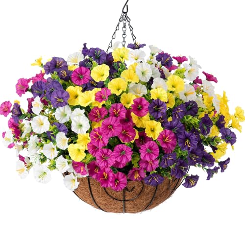 HyeFlora Artificial Hanging Flowers Faux Plants Basket for Outdoors Spring Decor, Fake Silk Morning Glory with Eucalyptus ...