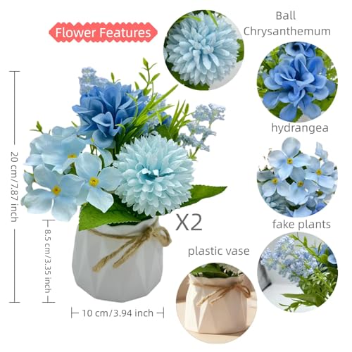 Carfoeny 2 Pcs Blue Hydrangea Artificial Flowers Bathroom Decor Fake Flowers in Small Flower Vases for Centerpieces Floral...