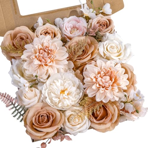 BSMYBO Artificial Flowers Combo Peach Flowers with Stems Fake Rose Faux Floral Arrangements for Wedding Bridal Bouquets, B...
