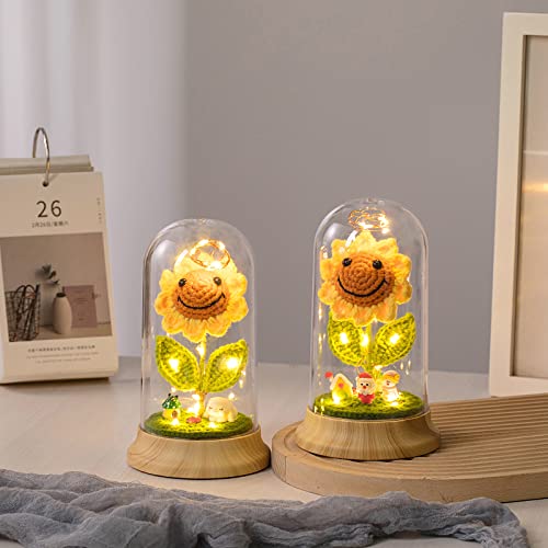 Eternal Sunflower Gifts for Women, Crochet Artificial Sun Flower Decor in Plastic Dome with Led, for Her Mom Mothers Day B...