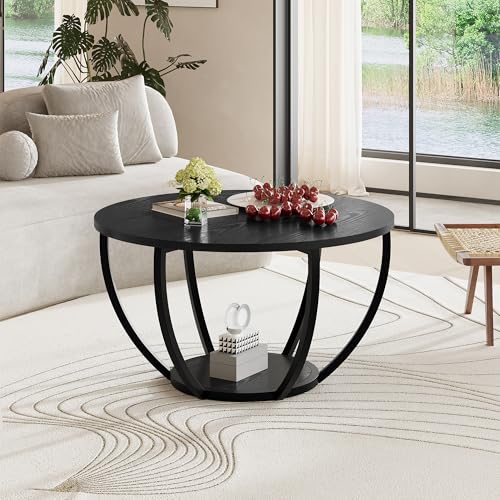 HOMERECOMMEND Round Coffee Table,Wooden 2-Tier Circle Coffee Tables with Storage Shelves,Accent Center Table for Living Ro...
