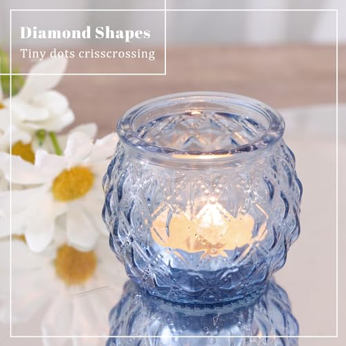 Generic DARJEN 12Pcs Blue Votive Candle Holders - Round Glass Candle Holders Bulk for Tea Light Candle, Diamond Texture Ca...