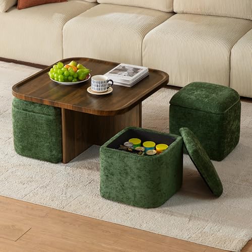 Square Coffee Table with Stools Underneath, Wood Ottoman Coffee Tables with 4 Chenille Storage Ottomans & Seats, Mid-Centu...