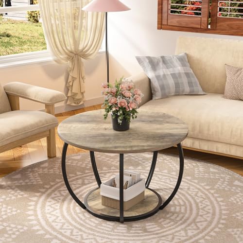 GreenForest Round Coffee Table with 2-Tier Open Storage, 27.6 inch Small Circle Coffee Tables with Adjustable Feet, Modern...