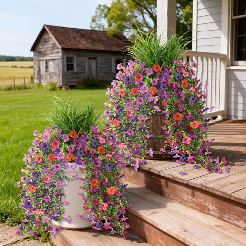 Artificial Hanging Flowers with Wheat Grass for Outdoors, 5 Pcs Fake Hanging Plants for Spring Decor, UV Resistant Faux Si...